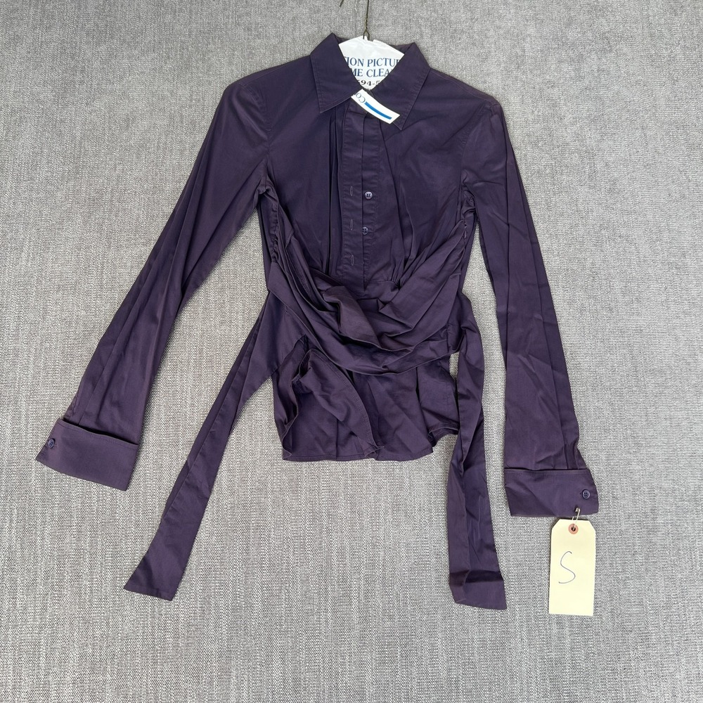 BCBGMAXAZRIA Wrap Top Womens S Purple Long Sleeve Collared Chic Button Front